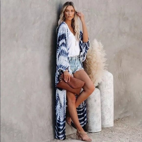 Boho Blue Tie Dye Kimono Duster Coverup - Picture 7 of 13